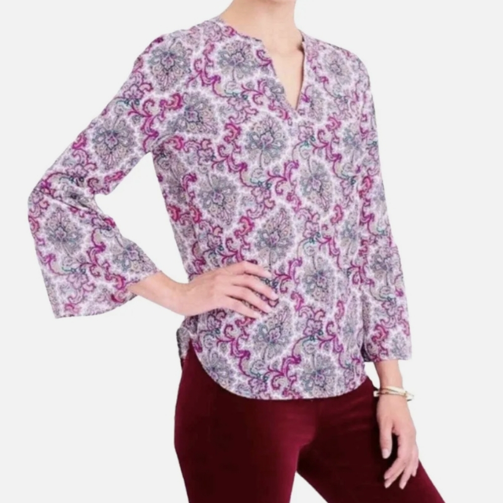 J.CREW Pink Paisley Split Neck Bell Sleeve Blouse